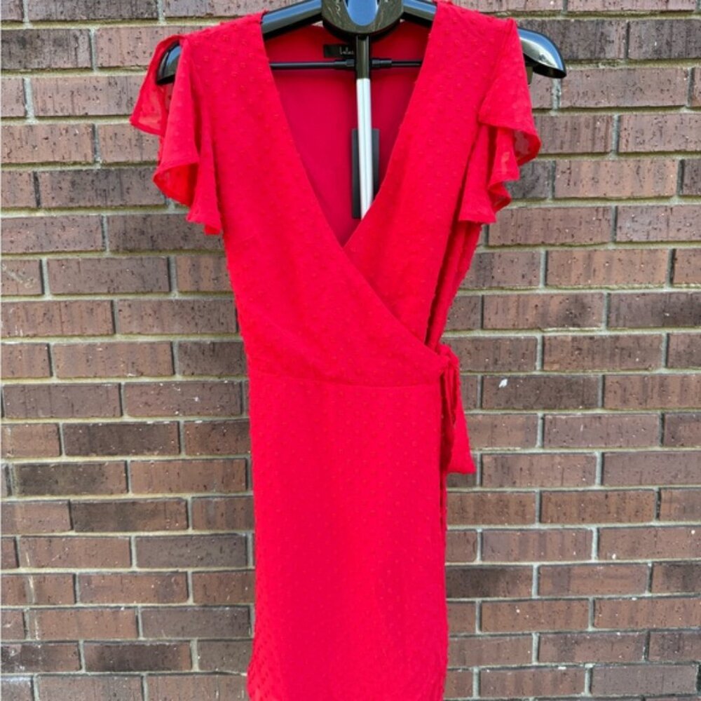 Lulus Much to Celebrate Red Swiss Dot Flutter Sleeve Wrap Mini Dress Size Small - Picture 6 of 11